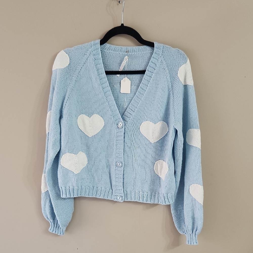 NEW Handmade Blue Heart Patterned Crop Sweater